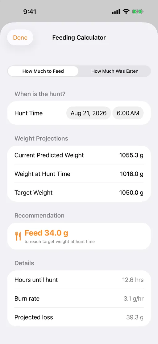 The FalconryLab feeding calculator recommending 34.0 g.