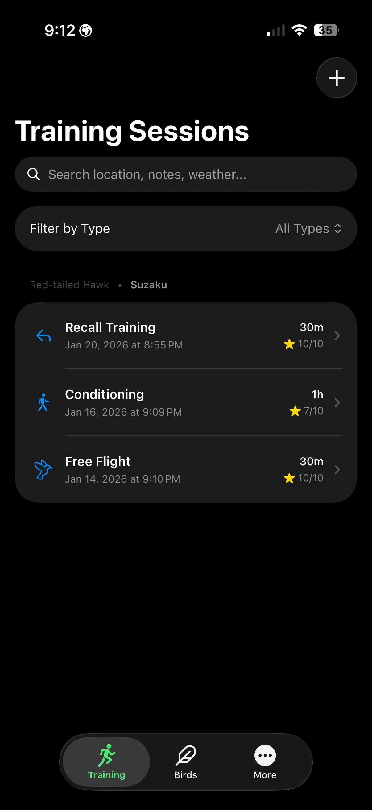 FalconryLab Training Session Log Training Sessions